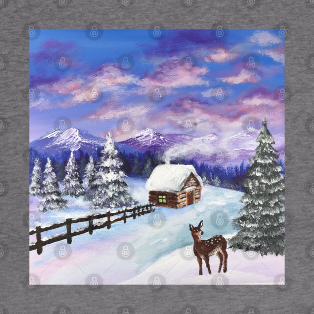 festive winter wonderland scenery mountain evergreen fawn deer Christmas snowy cabin by Tina
